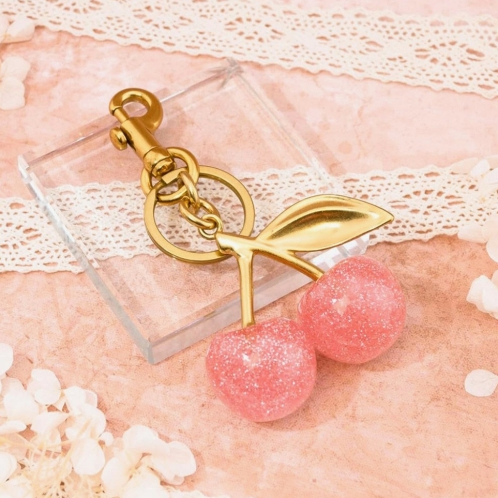 Pink And Gold Cherry Bag Charm Key Chain
